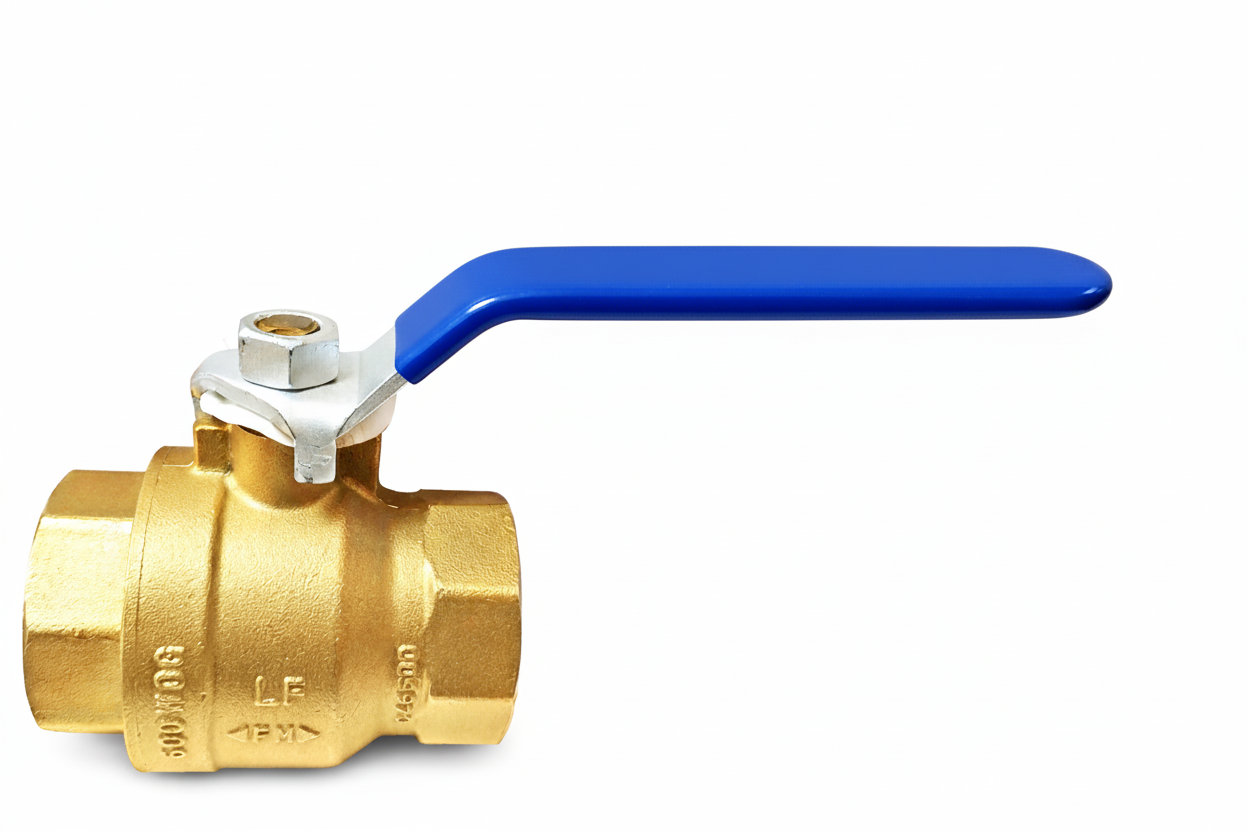 Brass ball valve with blue handle on a white background