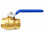 Brass ball valve with blue handle on a white background
