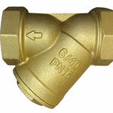 Brass Y-type strainer valve with specifications on a white background