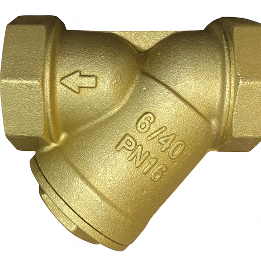 Brass Y-type strainer valve with specifications on a white background