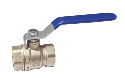 Stainless Steel Ball valve with brass body and blue handle on a white background